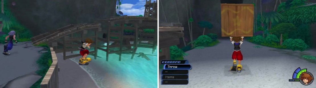 Don&rsquo;t bother following Riku when the race starts (left), just run off the edge. Once that is over, pick up the box (right) and throw it as close to a hole in the wall so help you reach a chest.