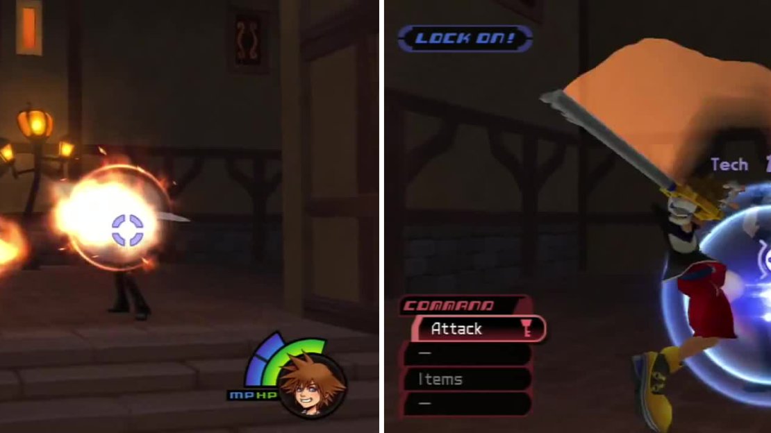 Leon will cast Fire at you (left) but his attack can be parried (right) for a Tech point.