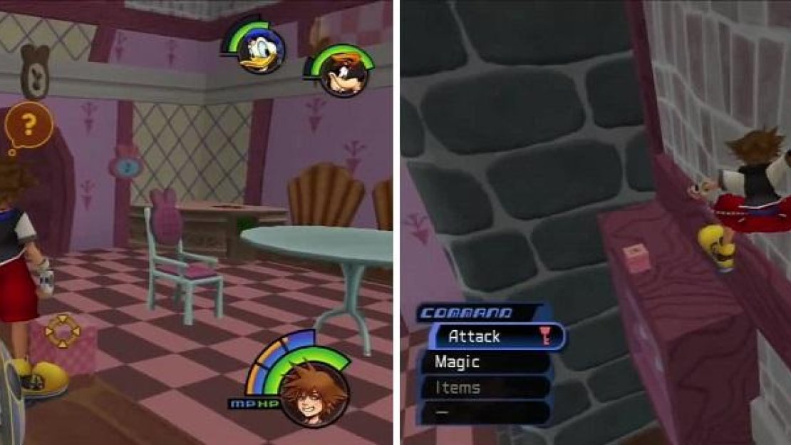 The hole in the tree takes you back to the Bizarre Room (left) for another piece of evidence. The final piece of evidence may look too far away (right) but Sora can make the jump to it.