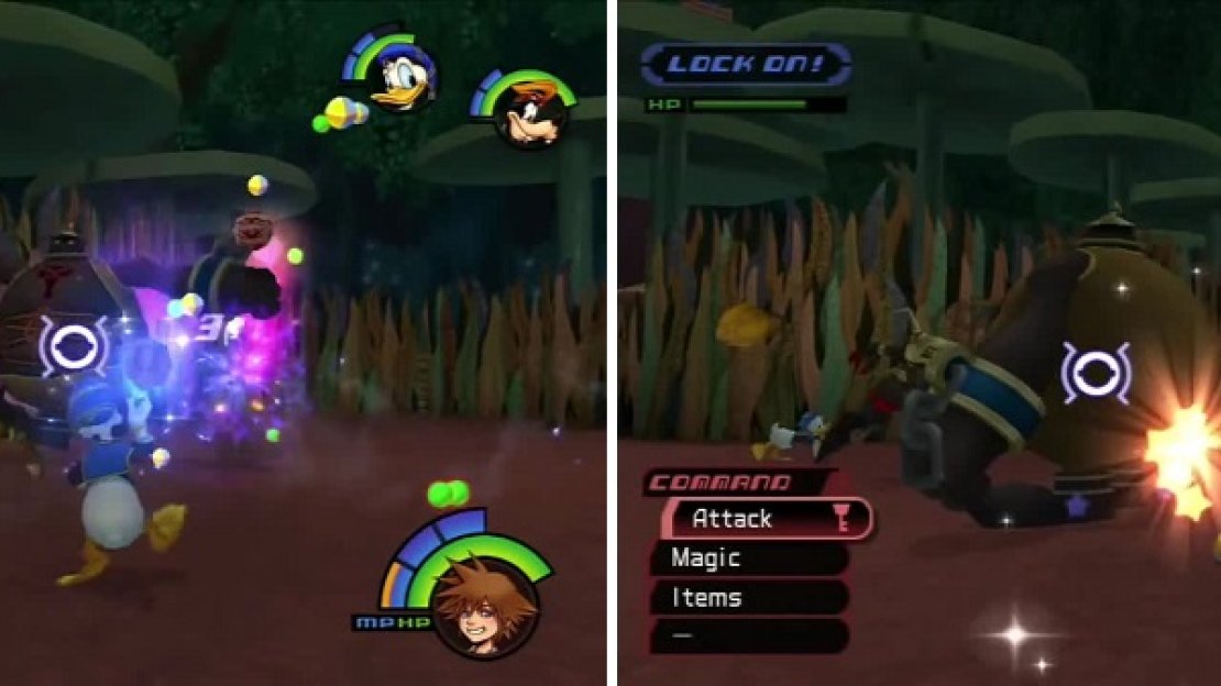 These large Heartless will charge you from the front (left) so get behind them and attack (right).