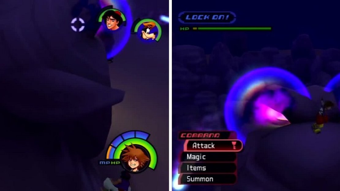 Walk around the the back to climb onto the head (left). From here you can attack it’s eyes while avoiding the eye beams (right).