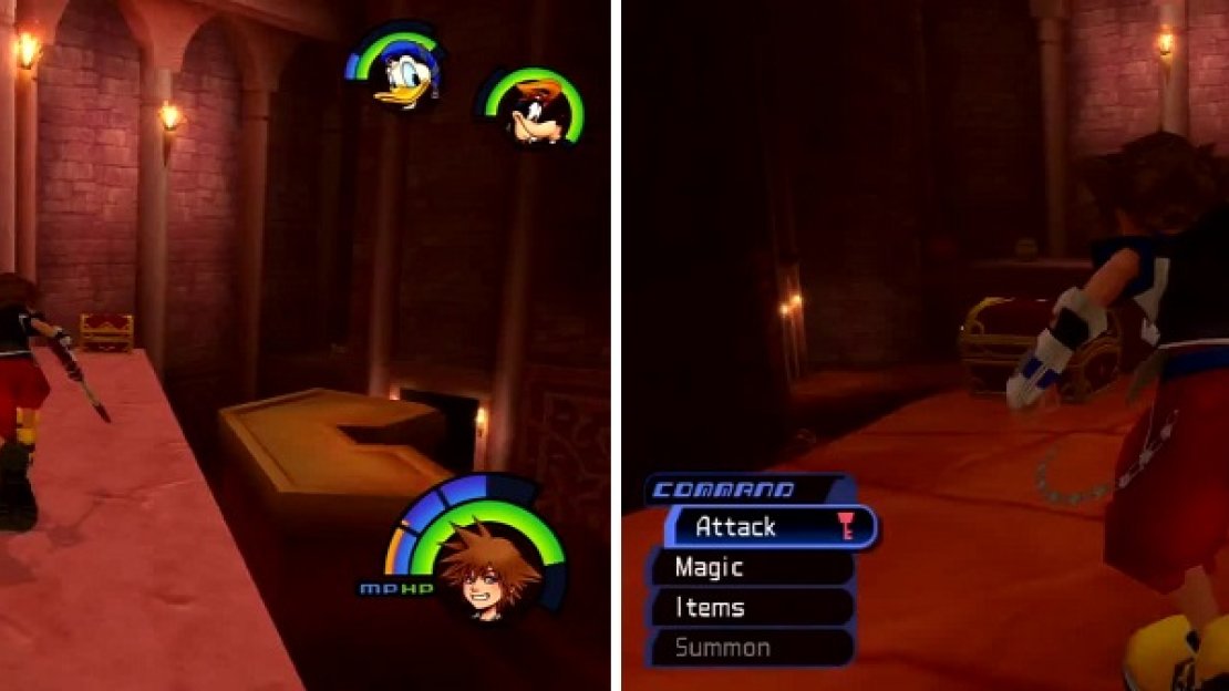 Jump to the platform above the three water spouts to gain access to two chests (left). Grab this chest (right) and push the boulder over the edge.
