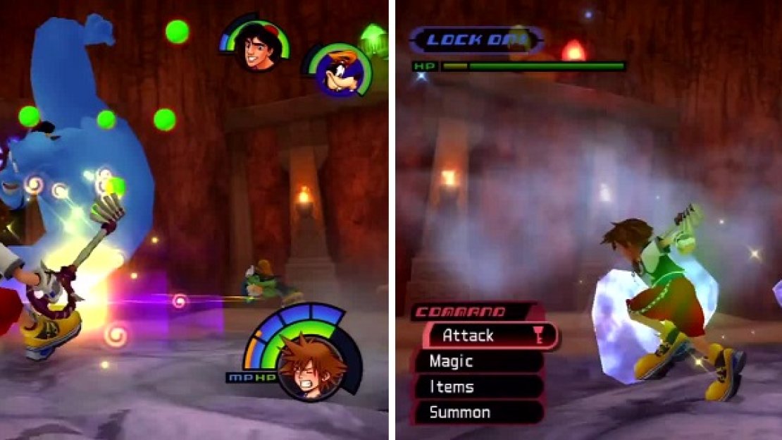 Genie will speak before he throws a punch (left), all while Jafar hovers around the room and shoots a fire beam or ice storm (right).
