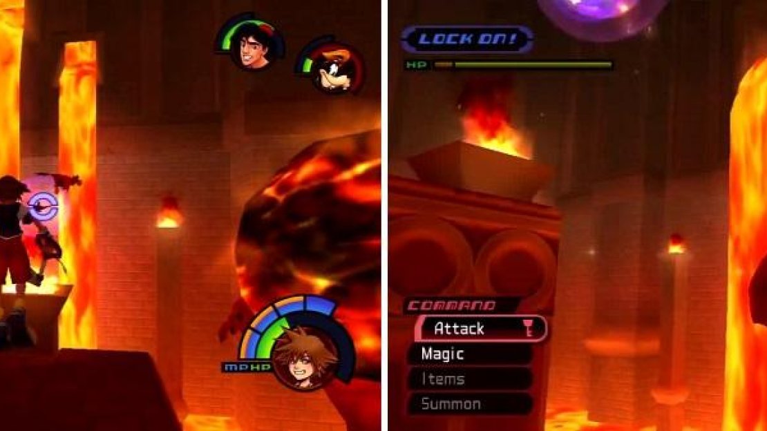 Iago is carrying the lamp so target him (left) whilst Jafar-Genie throws large fireballs at you (right).