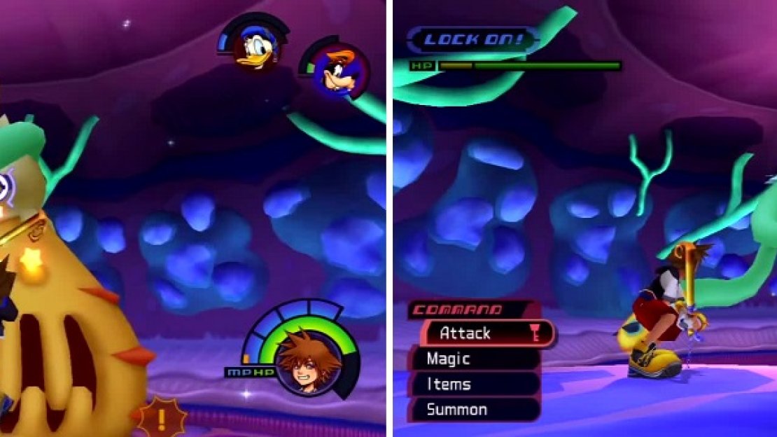 Go in and attack Parasite Cage (left) or sit back and hit him with magic (right).