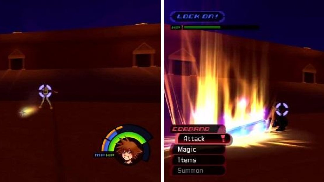Stun Yuffie by hitting her Shurikens back at her (left). Leon is open to attack after he uses his leaping attack (right).