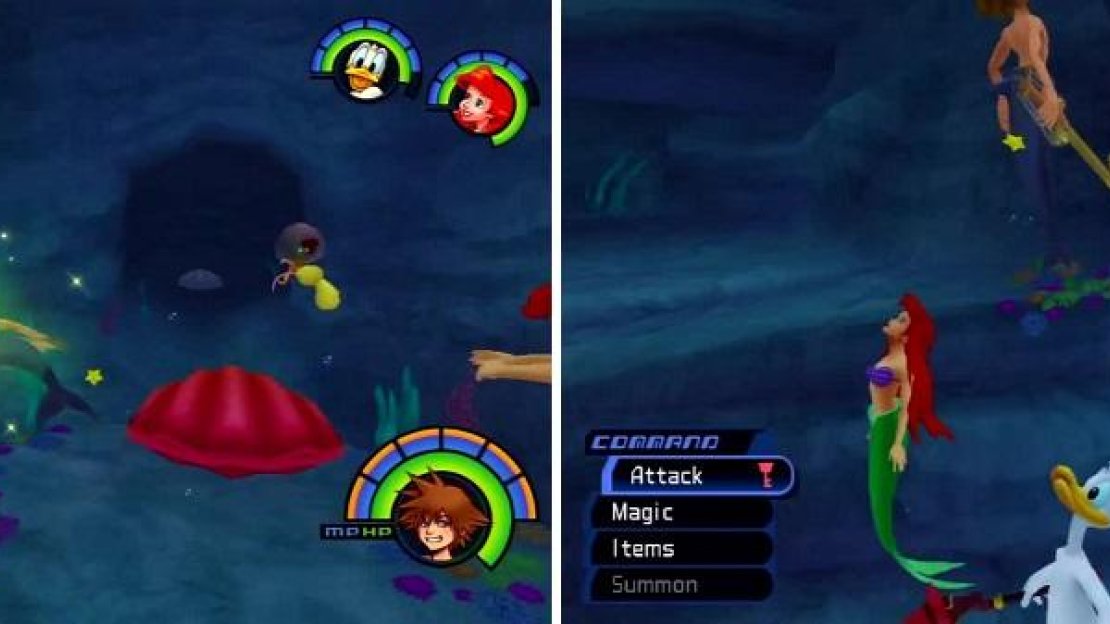 From the red shell you can spot another shell (left) not far away. Don’t forget to check the underside of the cliff on Sora’s right (right) here.