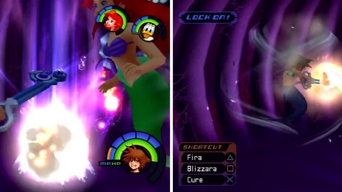 Shoot Ursula’s cauldron relentlessly until it backfires (left). Watch out for Ursula as she spins around like a maniac (right) while you are attacking the cauldron.