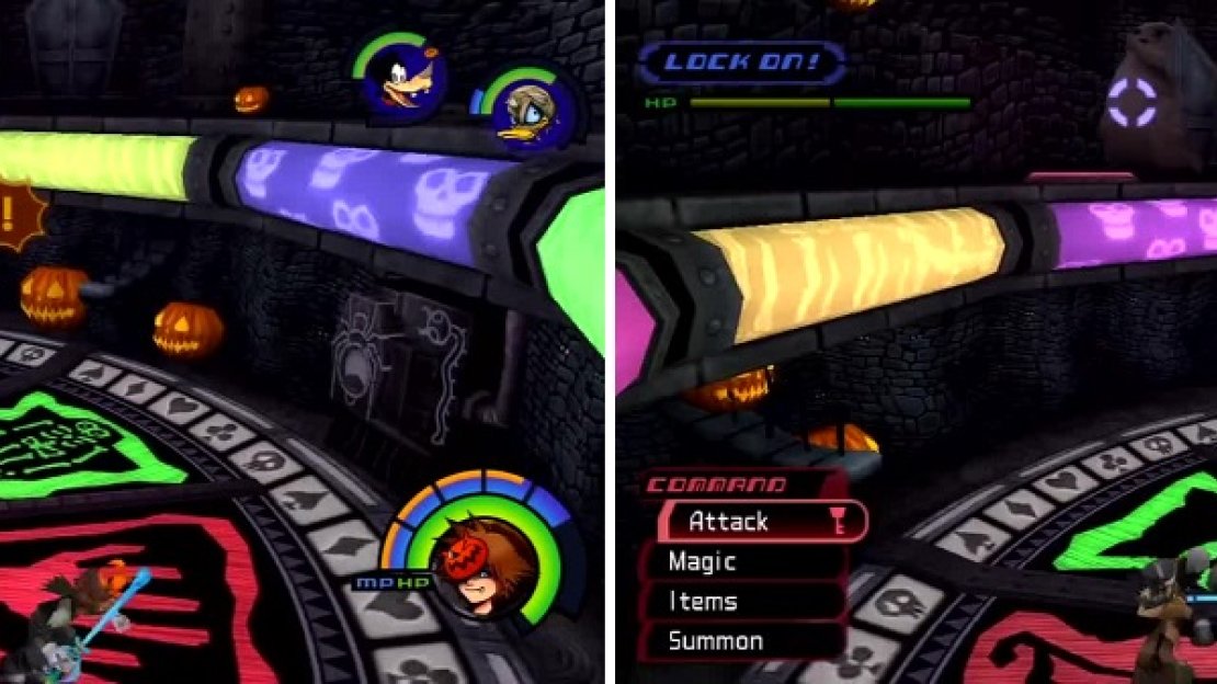 Oogie tosses his explosive dice (left) that glow menacingly. The symbol nearest Oogie is glowing (right). Step on it to reach him.