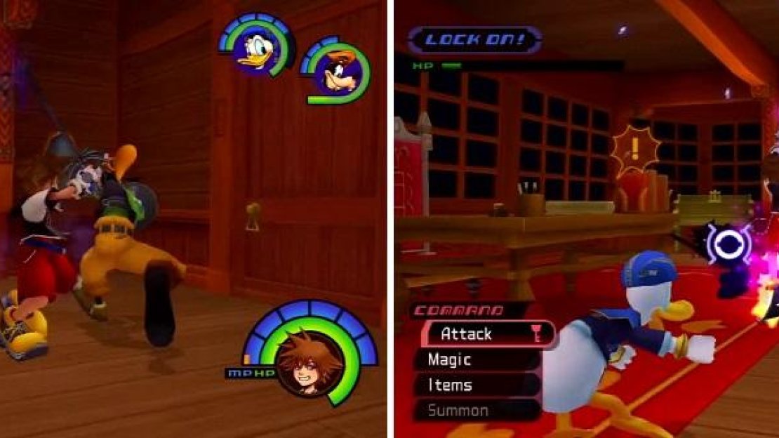 Anti-Sora sinks into the ground (left) like a Shadow. The real Anti-Sora gets pummeled (right) while the fakes seem bored (right).