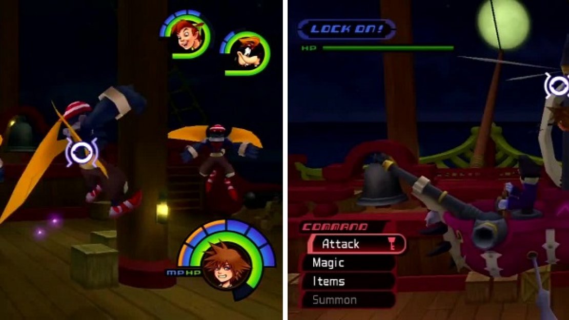 Air Pirates fly around (left) and dive bomb you. Lock on to the mast (right) of the Battleship to impair it.