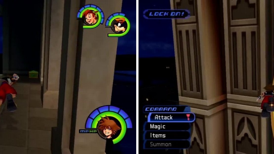 Walk around to spot this Chest (left) with a Flare-G inside. Lock on to the minute hand of Big Ben (right) to change the time.