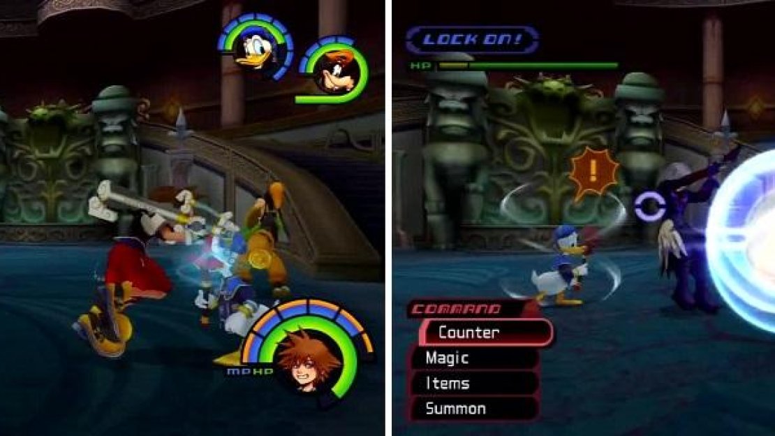 Riku uses a three-combo attack (left) but it can be parried (right).