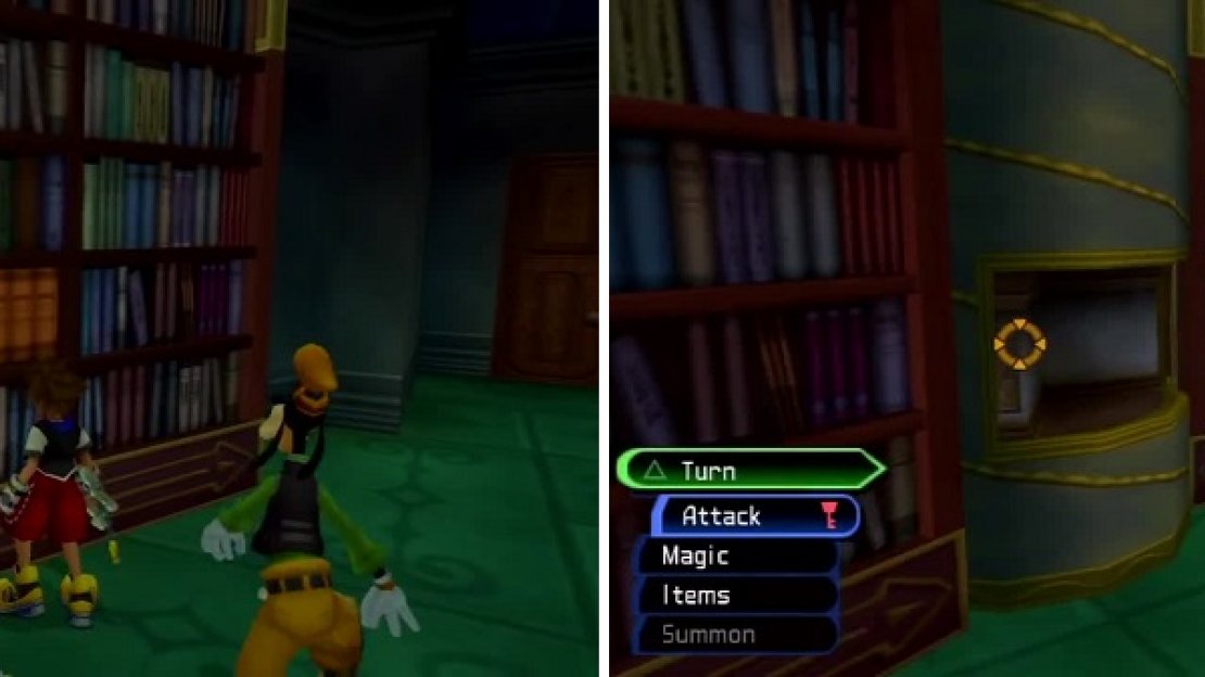 This green book is out of place (left) and needs to be put back with the other green books. Spin the columns (right) to get some Chests.