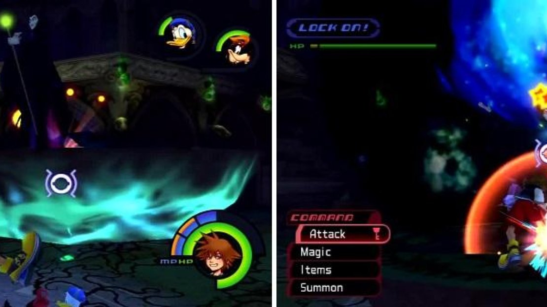 Maleficent stands on a moving platform that can be attacked (left). She summons huge meteors (right) that will hurt you.