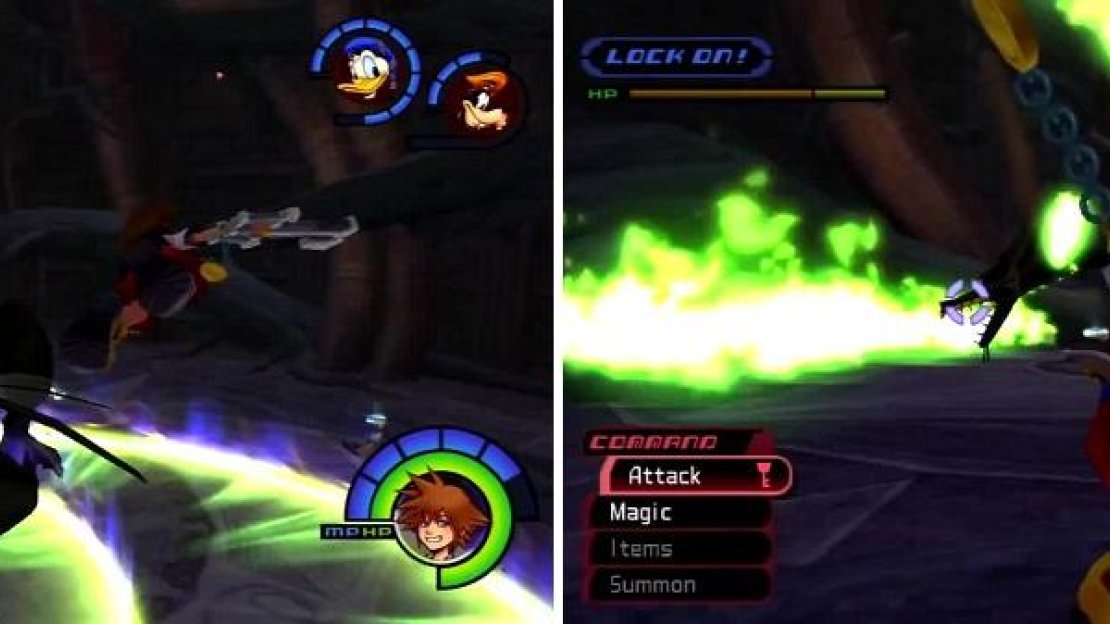The Dragon sends out shockwaves as she slams the ground (left). She breaths green fire (right) and send green fireballs at you.