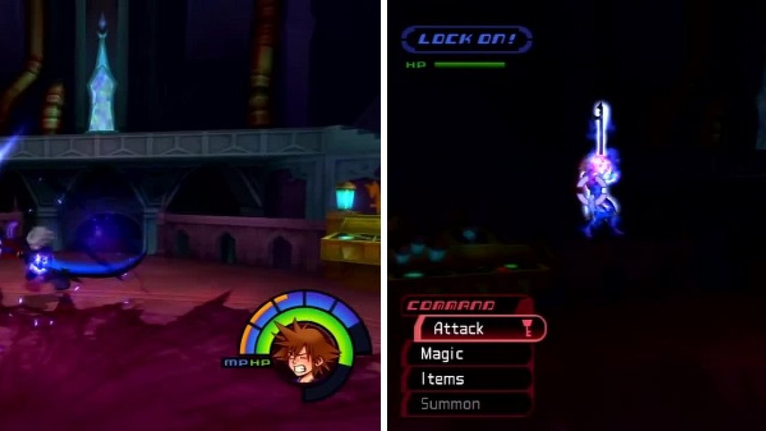 Riku seems the throw his keyblade at you (left). He will glow before doing his Dark Aura attack (right) which is your cue to start Gliding.
