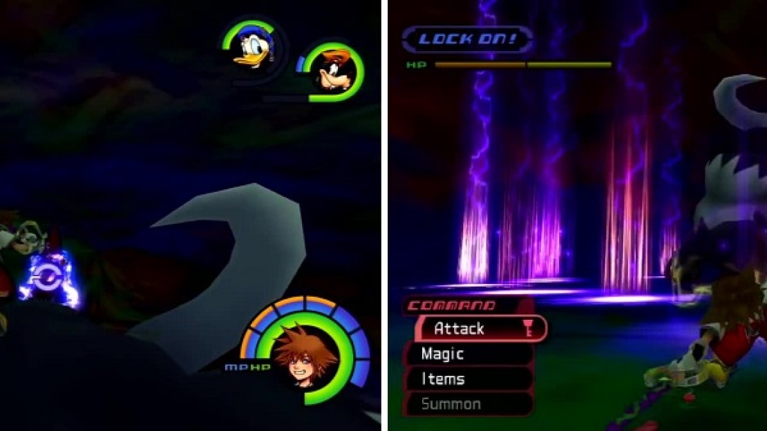 From atop the Behemoth (left) you can attack. Behemoth uses his Thunder ability (right).