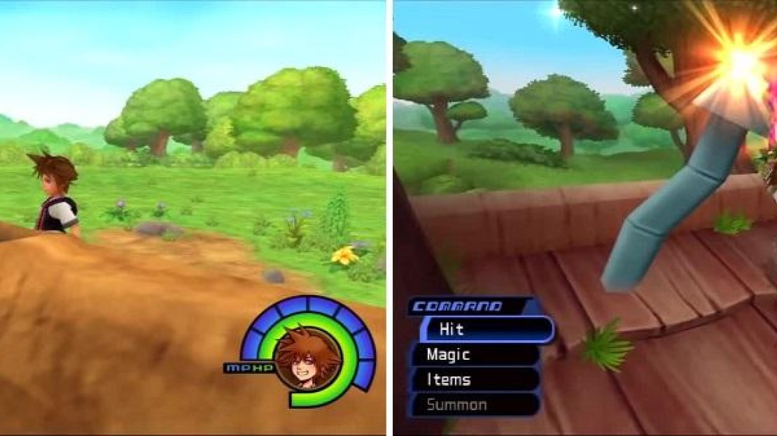 Don’t leave without looking inside the log (left). Hit Pooh’s chimney to dislodge an item that managed to get inside (right).