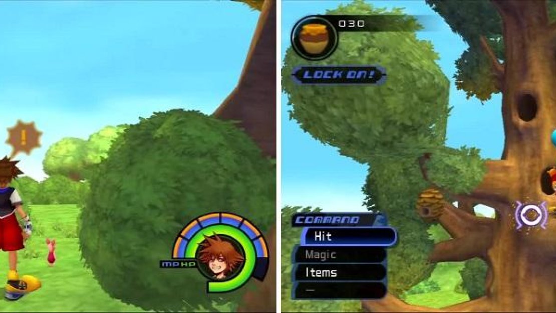 Sora sneaks up behind Piglet (left). Prevent the bees from getting Pooh! (right)