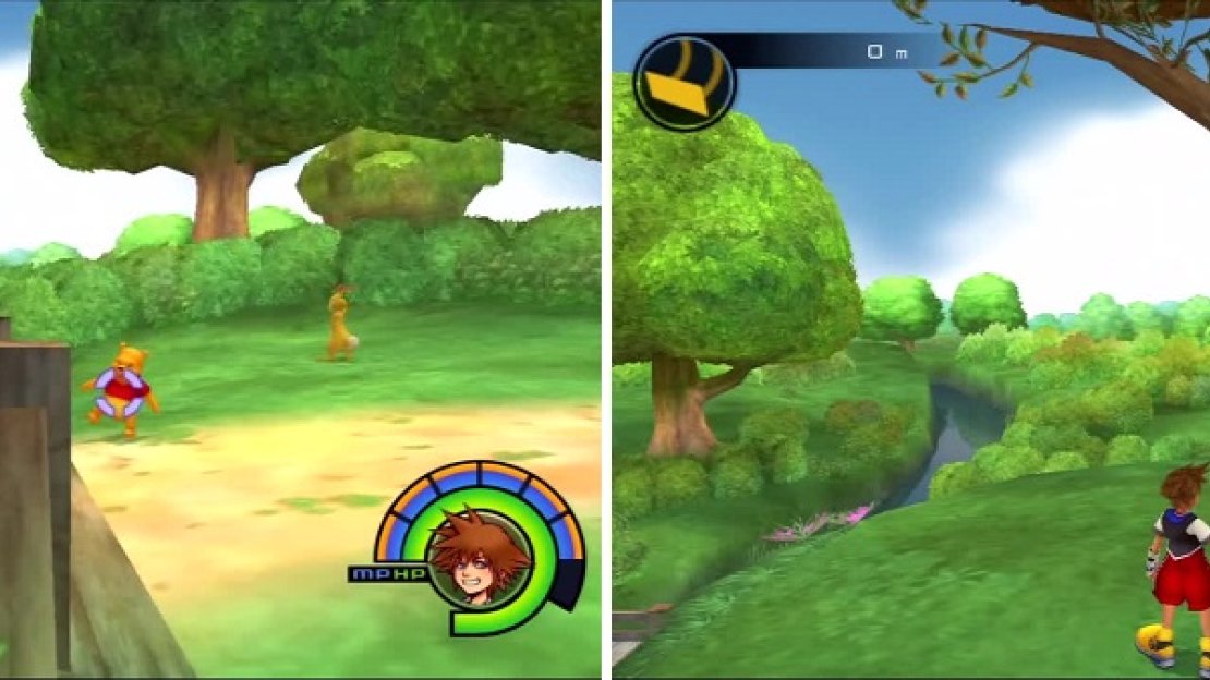 Sora leads Pooh Bear over a bridge (left) and up a hill to a swing. Sora then uses Owl’s wings to help him push Pooh at the perfect time. (right)