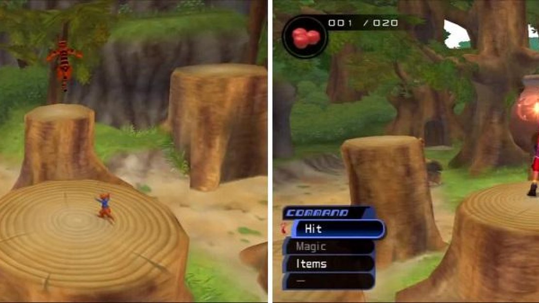 Hop along with Tigger and Roo (left), but be sure to jump on the same stumps as them. Knock the nuts back at the pot to make it break (right).
