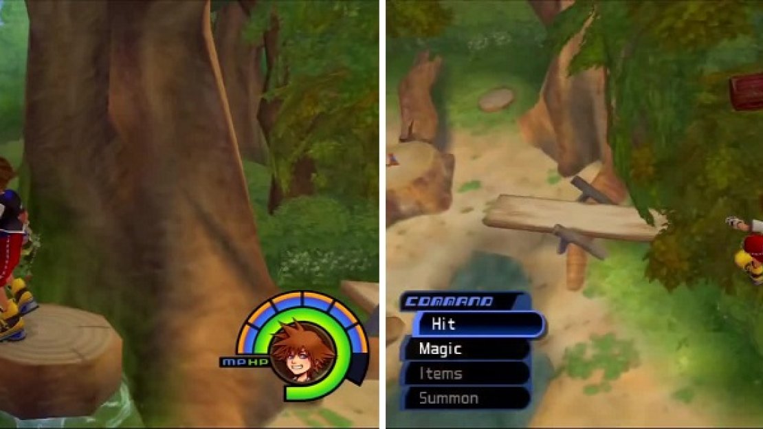 A small geyser grants access to a Rare Nut (left). Jump and swing your keyblade to land by this Chest (right).