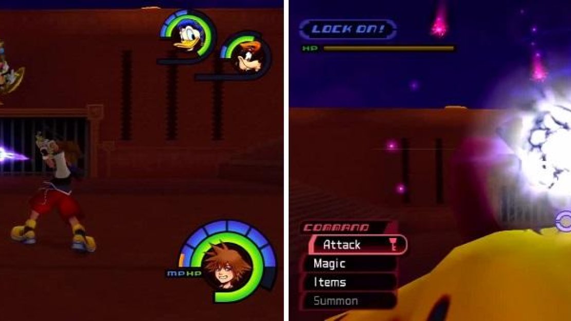 Yuffie is ready for another fight and pulls out her large Shuriken (left). Behemoth summons a darkness ball (right) that Sora failed to avoid.