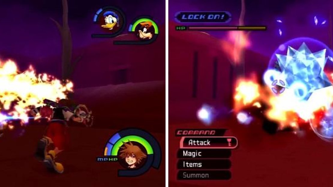 Shoots fire from both hands and rotates (left), creating a burning wall of pain. Sora casts Blizzard on Hades to stop his attack (right).