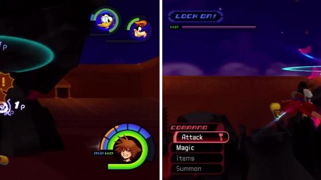 Sora hacks away at the Rock Titan’s foot (left) until it falls over. Once it sits, Sora goes for the head (right).