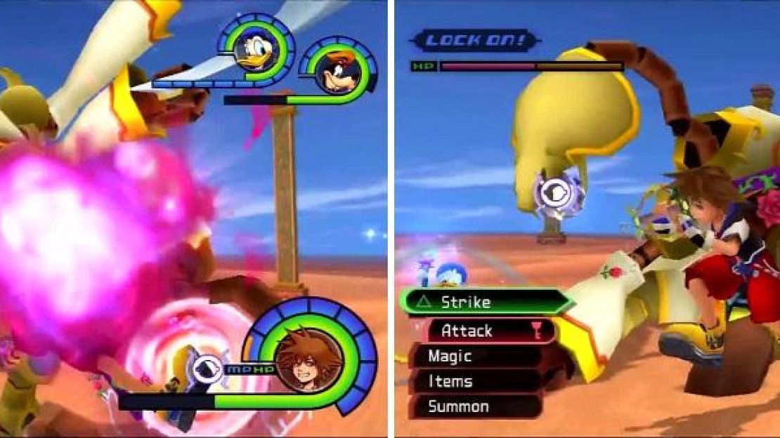 Sora attacks the orbs Zisa is holding (left). Zisa decides to take a break and let his head snake out (right), allowing Sora to do some damage.