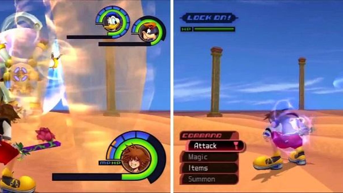 Zisa summons tornadoes to impede Sora (left). Prepare to dodgeroll as Zisa begins to spin around the battlefield (right).