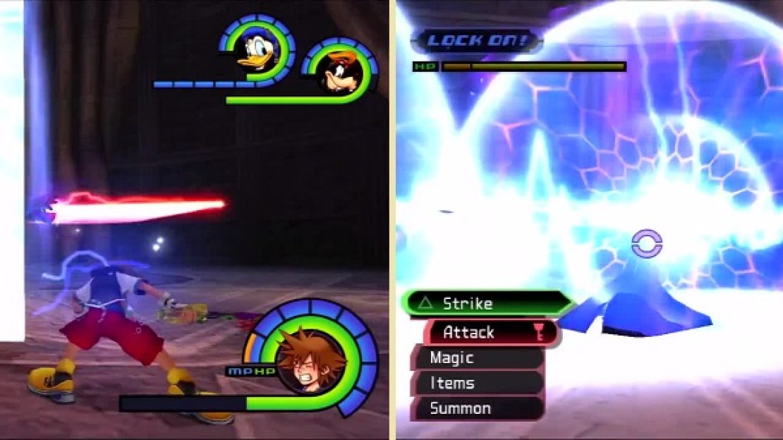 Unknown summons a barrier (left) that makes him impervious to frontal attacks. Stay away from the lightning balls of pain (right).