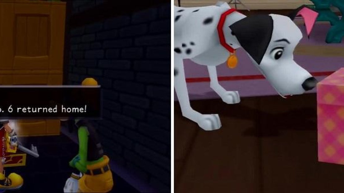 Find the puppies throughout the different worlds (left) and return to Pongo and Perdita for a reward (right).
