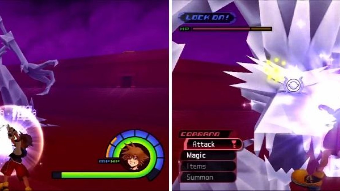 Guard against the icicles flying at your face (left). Ice Titan falls to one knee allowing Sora to hit its head (right).