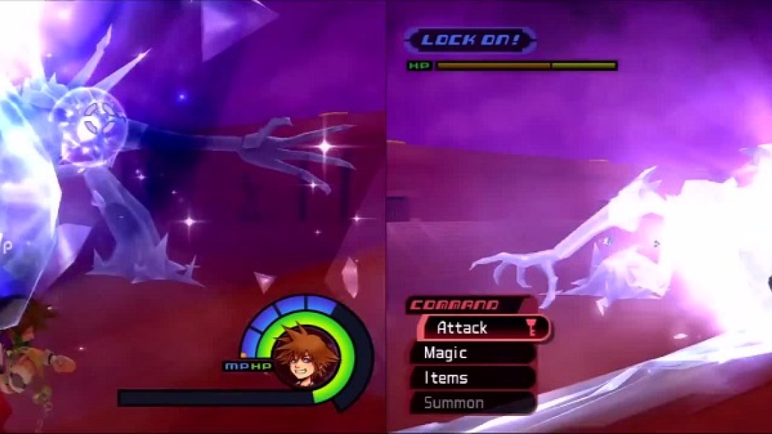 Ice boulders appear above Sora’s head (left). Ice Titan uses its icy breath the freeze Sora in place (right).