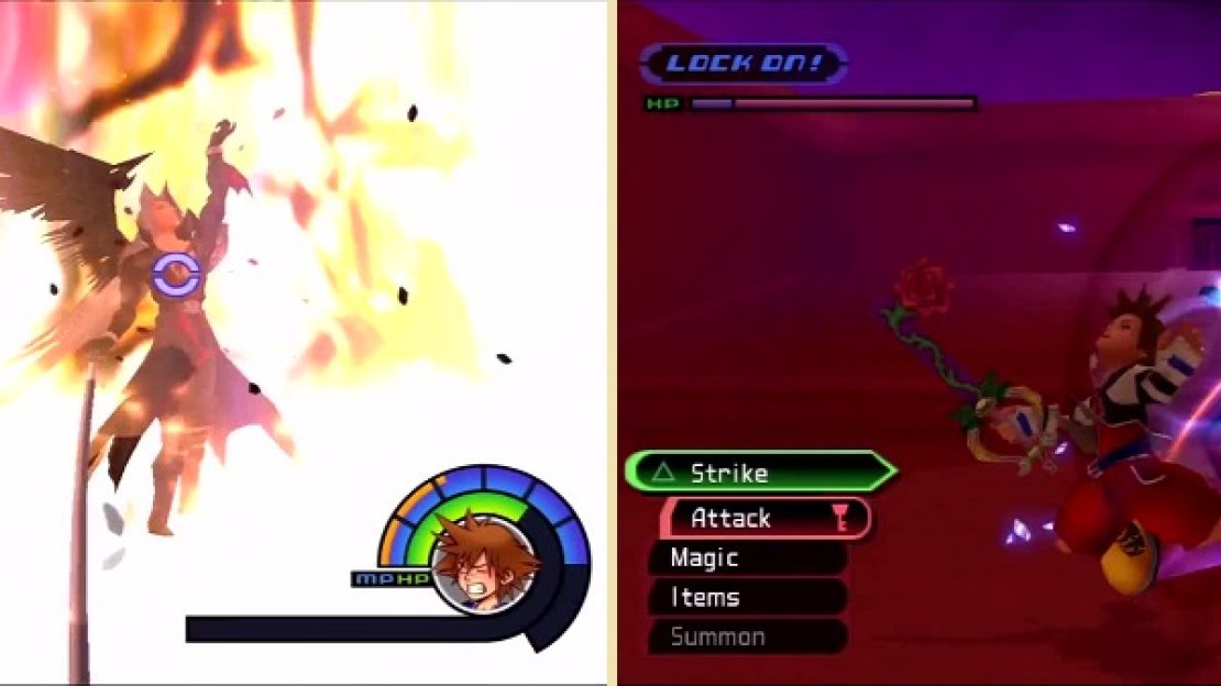 Sephiroth summons three large pillars of fire (left). Finish a combo or he’ll teleport and slash you (right).