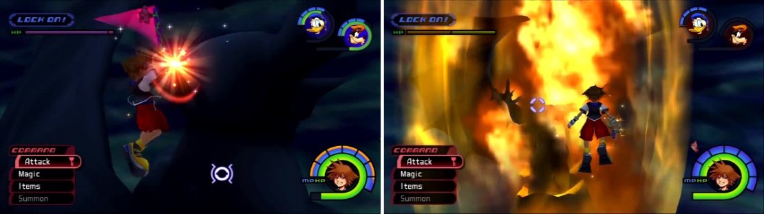 Chernabog&rsquo;s head is a hard target to miss (left). Sora backs off as Chernabog erupts with great force (right).