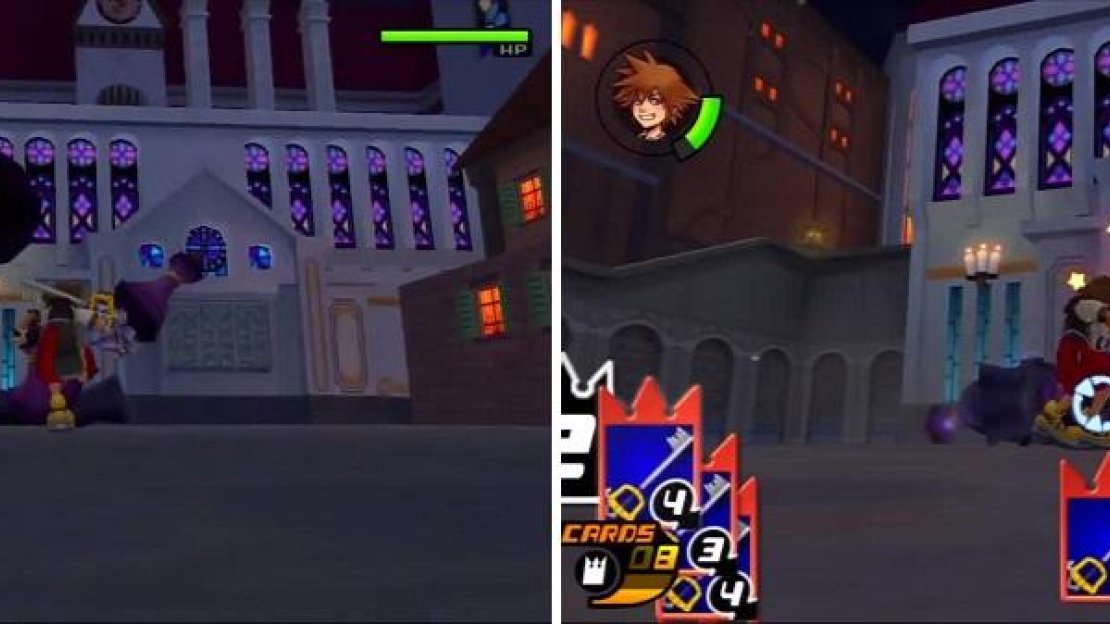 The legs are a perfect target for Sliding Dash (left). Sora used the Gimmick Card to make Guard Armor collapse in a heap (right).