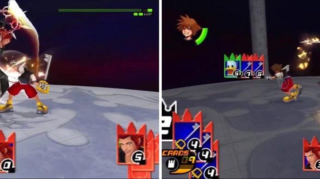 Axel hits Sora with his chakrams (left) after Sora gets in close. Sora fails to break the Fire Wall sleight (right) but avoids any damage.