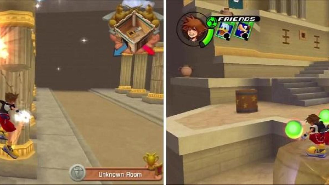 Knock over the pillars (left) and stand on the large stones (right) to collect Moogle Points, HP balls, and other cards.