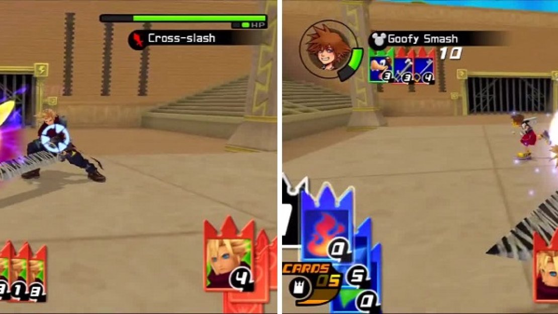 Cloud hits Sora with his Cross-Slash sleight (left) and misses with Omnislash (right).