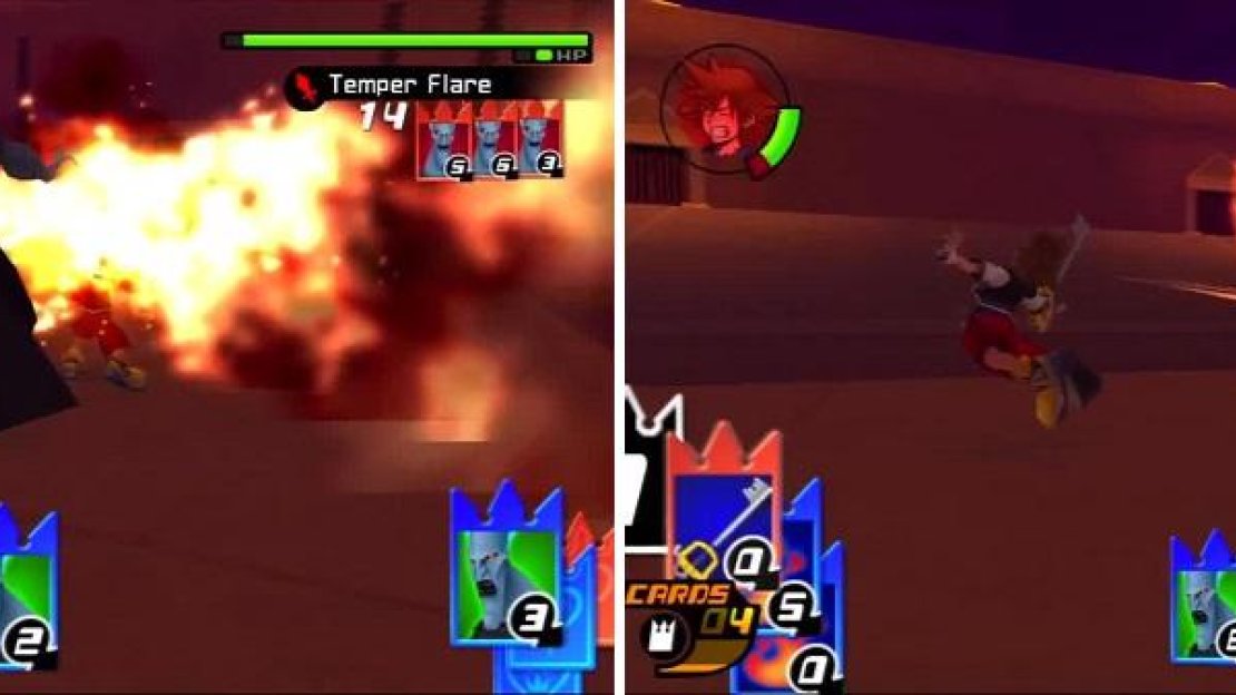 Hades shoots flames from his hands (left). Sora failed to dodge the painful Firagaball (right).