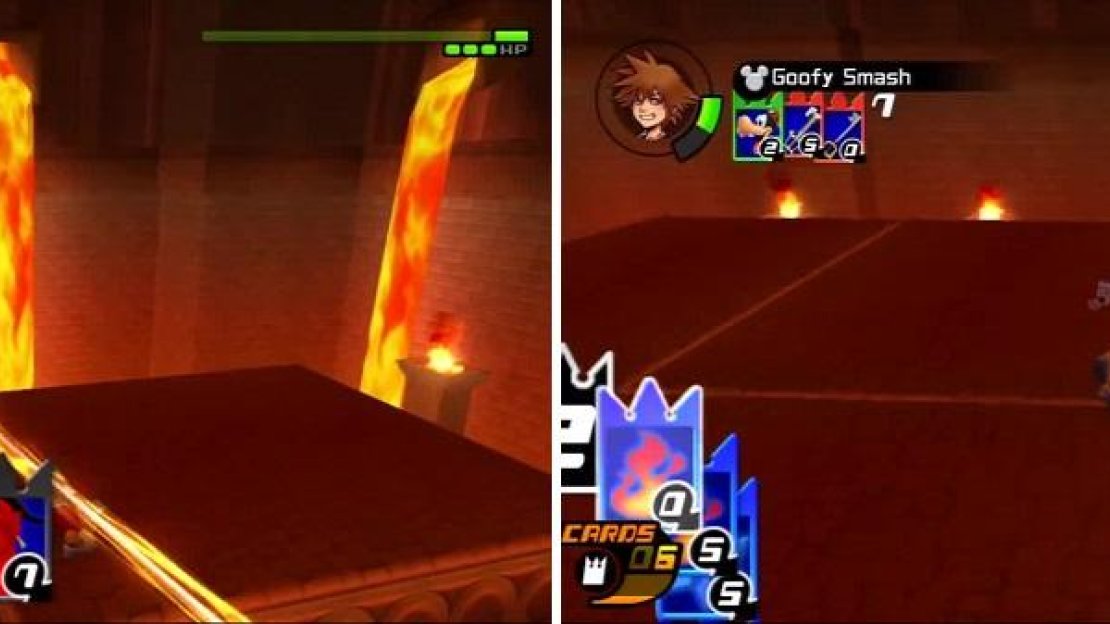 Iago flies around with the lamp as Jafar-Genie attacks Sora (left). The Gimmick card leveled the playing field (right) for easier access to Iago.