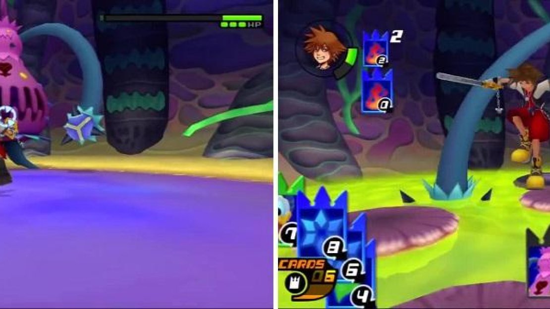 The Gimmick card made it easier for Sora to get close to Parasite Cage (left). The Parasite Cage lunges as Sora jumps away (right).
