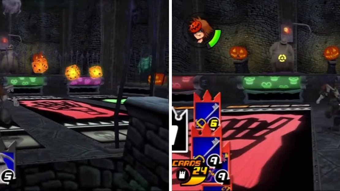 Oogie throws what looks like his exploding dice (left). Sora uses the Gimmick Card to completely lower the gate in front of Oogie (right).