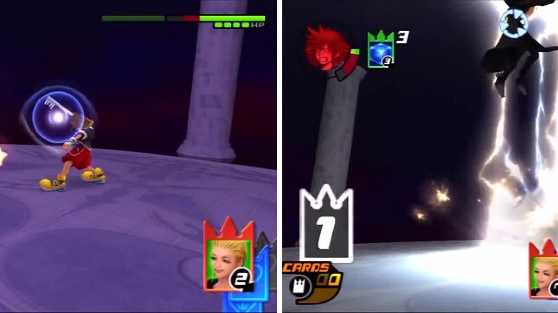 Sora stuns Larxene with Strike Raid (left). Larxene gets a little payback when she pulverizes Sora with Mega Volt (right).