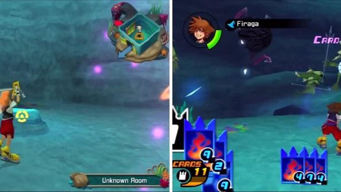 Attack as many objects as possible to grab Crabclaw cards (left). Don’t be surprised to see strange combinations of Heartless in fights (right).
