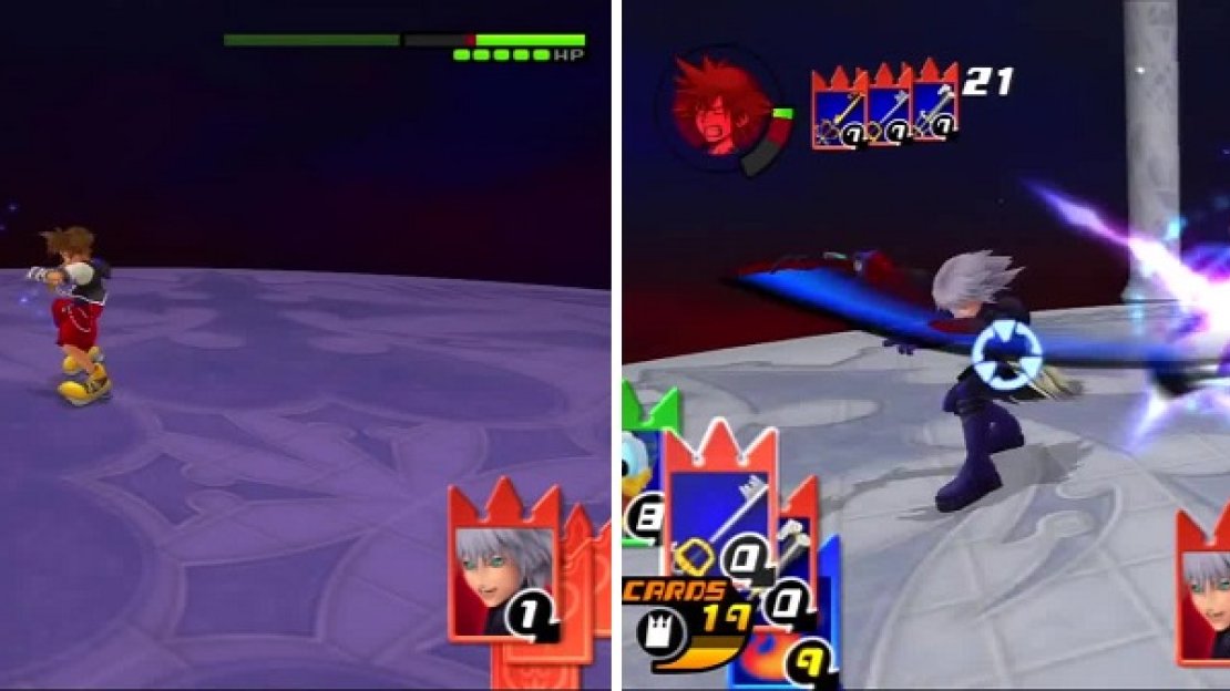 Strike Raid is used against Riku with great results (left). Riku retaliates (right) and deals some damage to Sora.