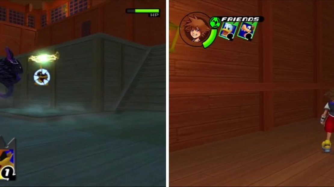 Sora doesn’t pay attention as a Yellow Opera uses a card of 1 value to deliver a killing blow (left). Sora creates a room of Calm Bounty for a brief respite (right).